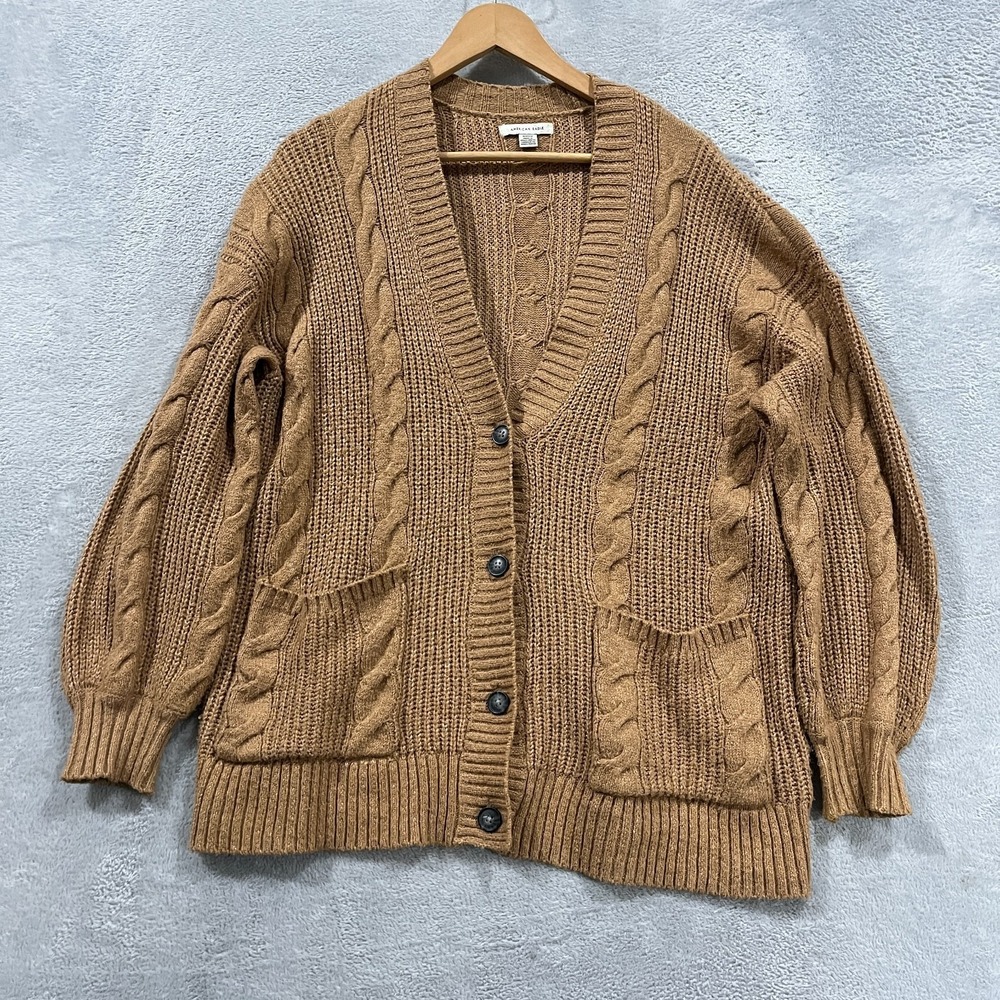 American Eagle Cable Knit Cardigan Small Brown Tan V-Neck‎ Button Academia